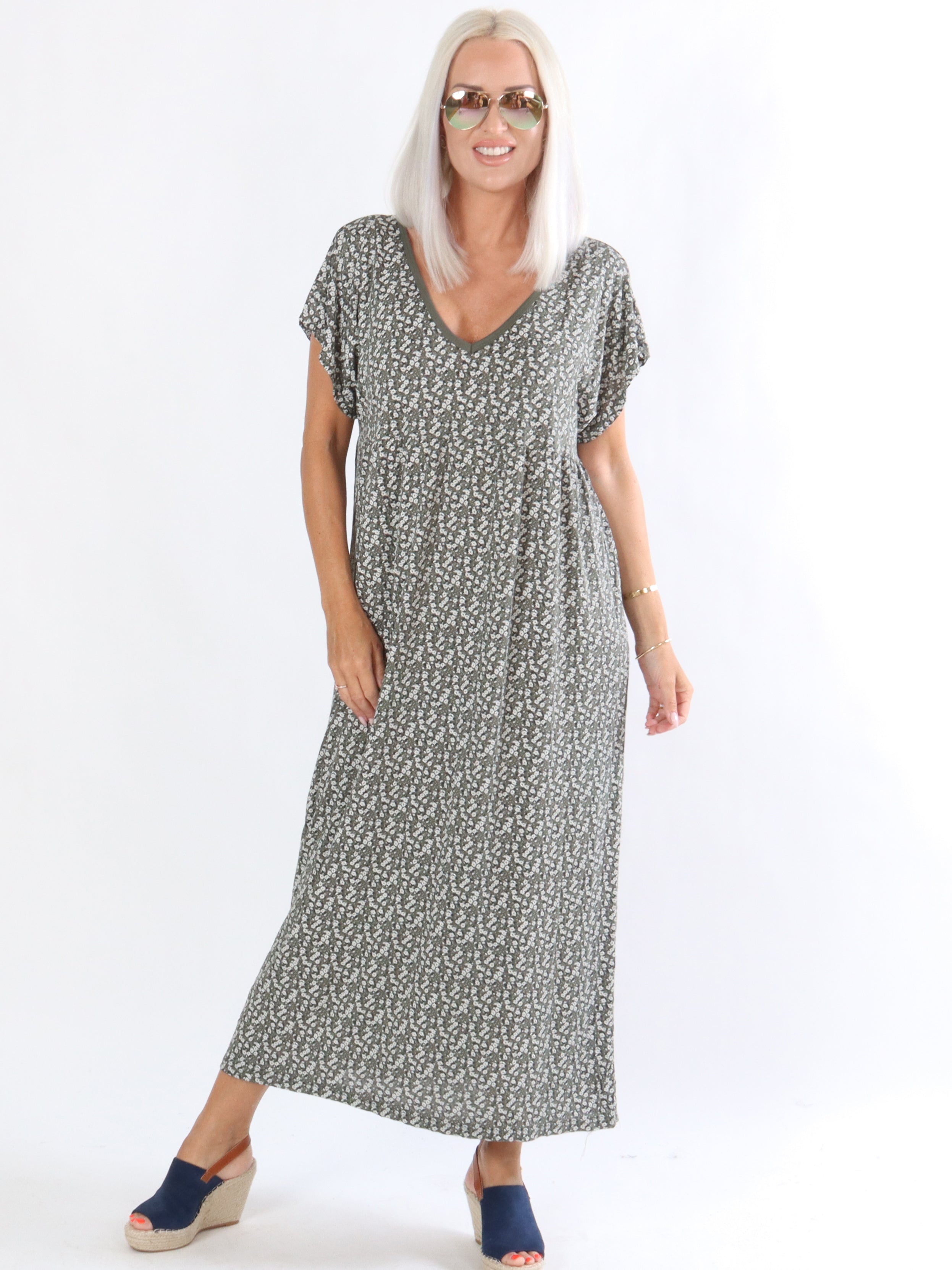 Summer - Armégrön lång blommig klänning i elastiskt tyg